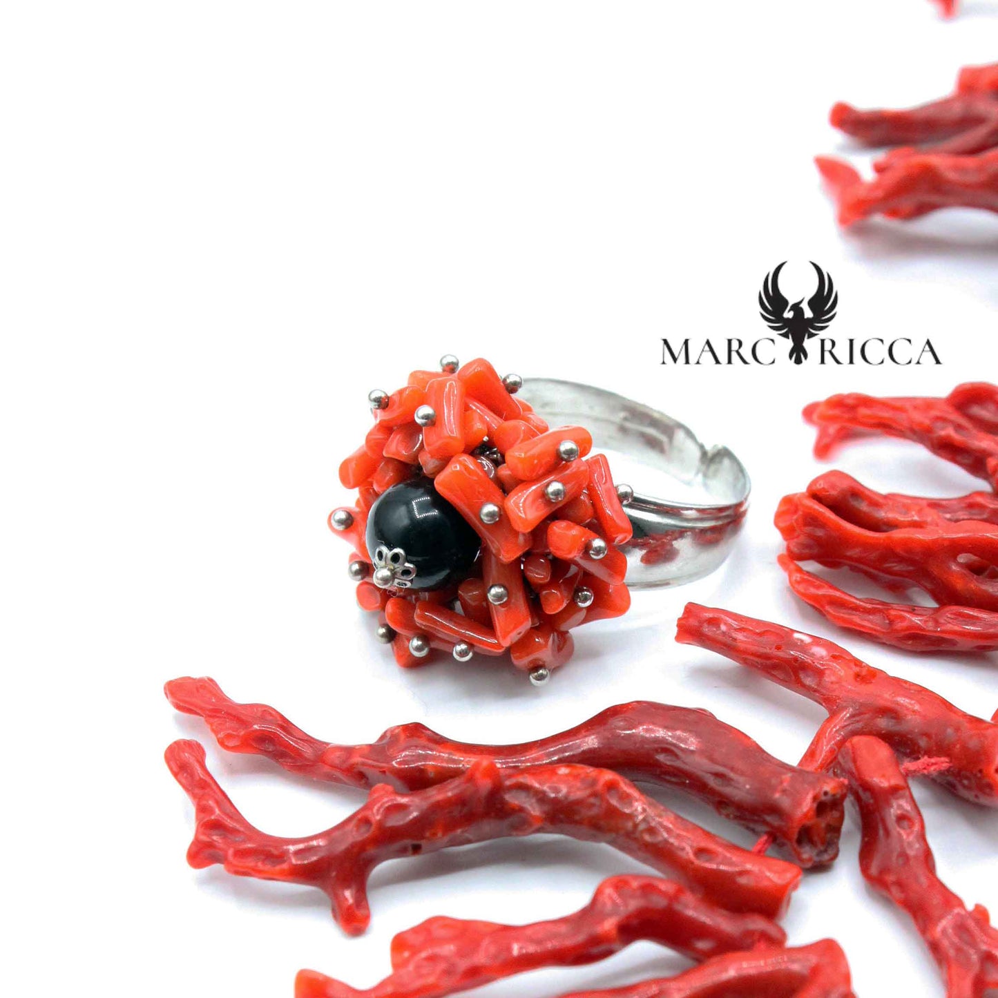 Bague Argent Corail Cupolino & Onyx