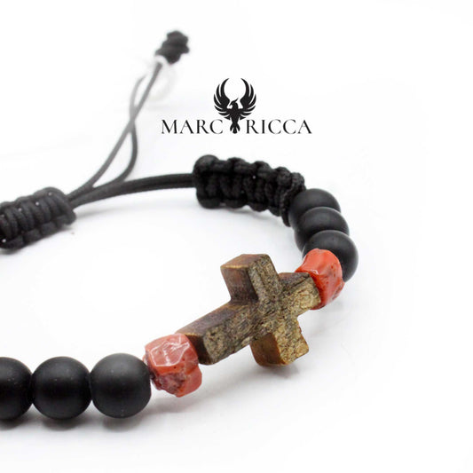 Bracelet Cordon Croix en Corne de Bélier & Corail