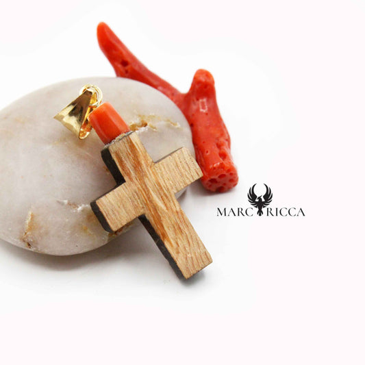 Pendentif Or Croix Corail & Corne ou Olivier 18 Carats