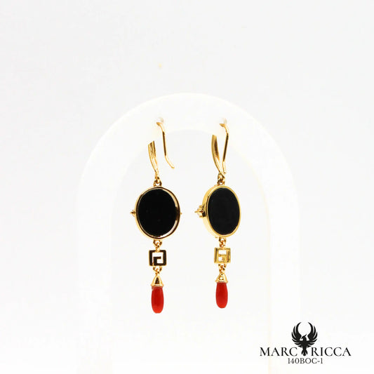 Boucles d'oreilles pendantes corail onyx et zirconium