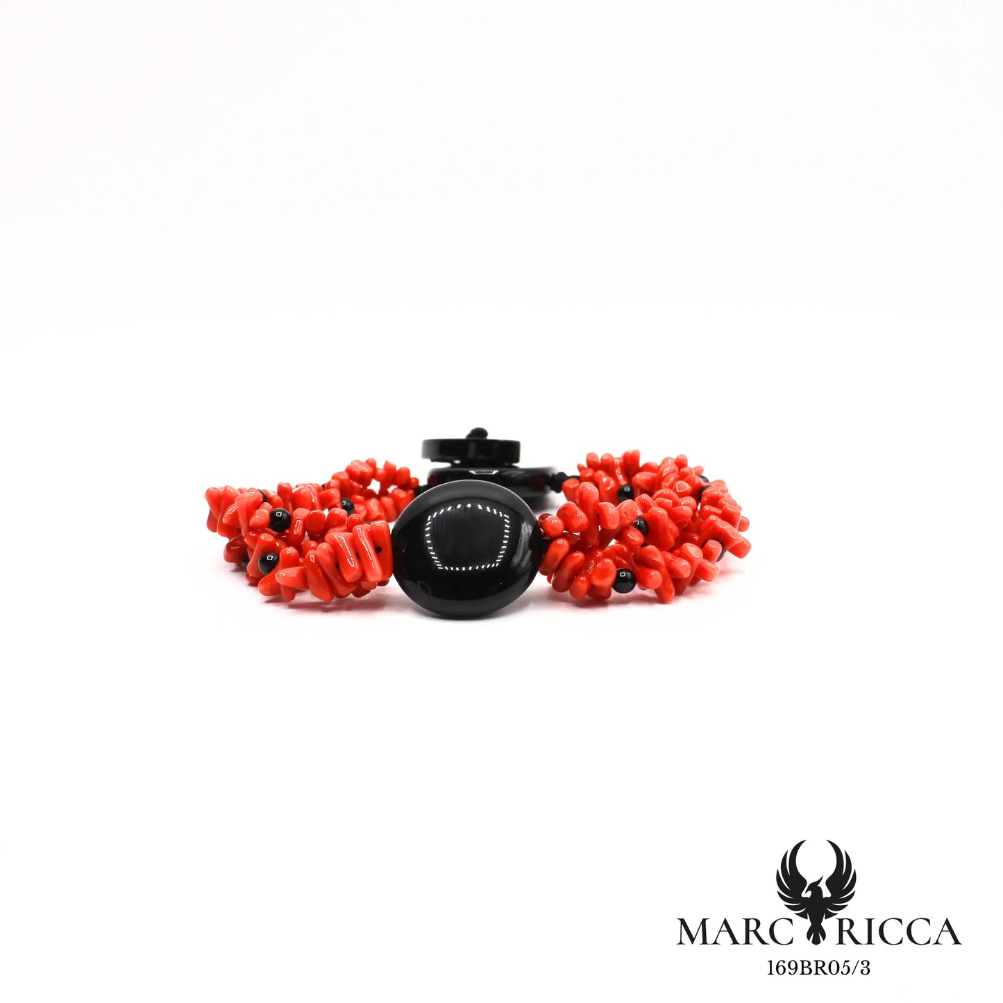 Bracelet 3 rangs en corail cupolino avec rond en onyx
