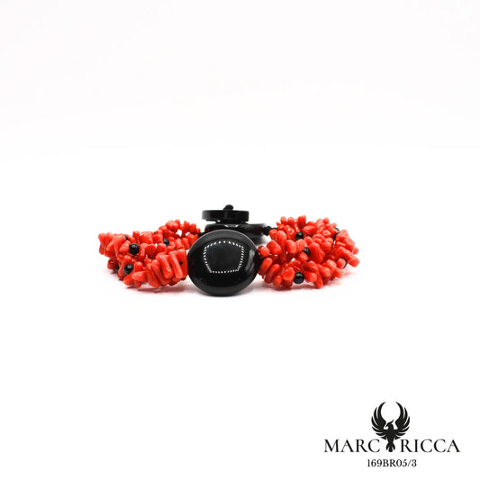 Bracelet 3 rangs en corail cupolino avec rond en onyx