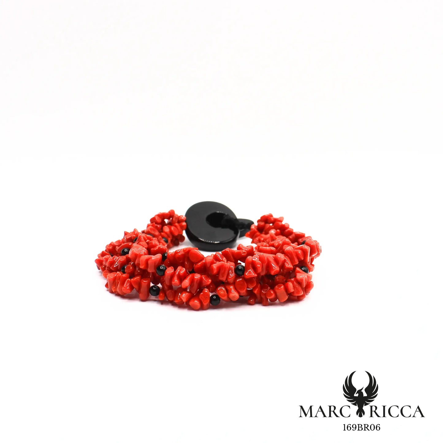 Bracelet 6 rangs en corail cupolino et perles en onyx