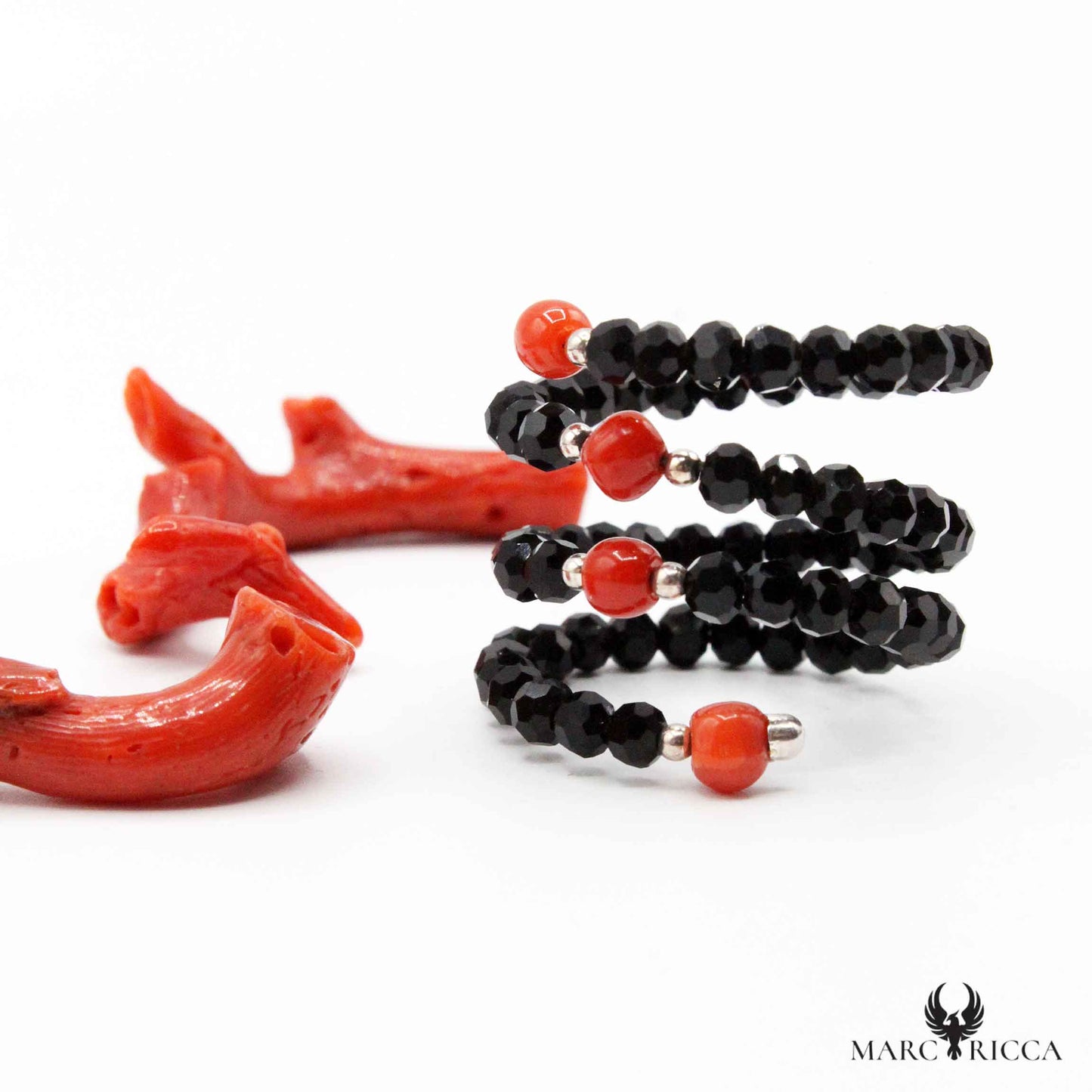 Bague Argent Corail & Cristal Noir Rangs