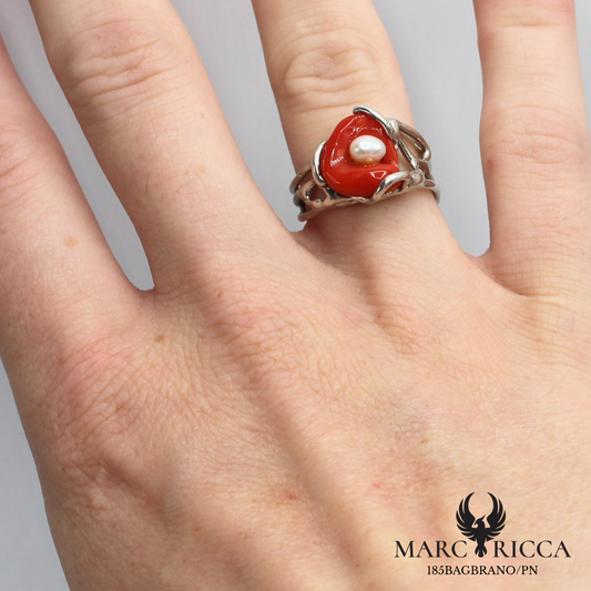 Bague en argent 925 avec anneau de corail et une perle