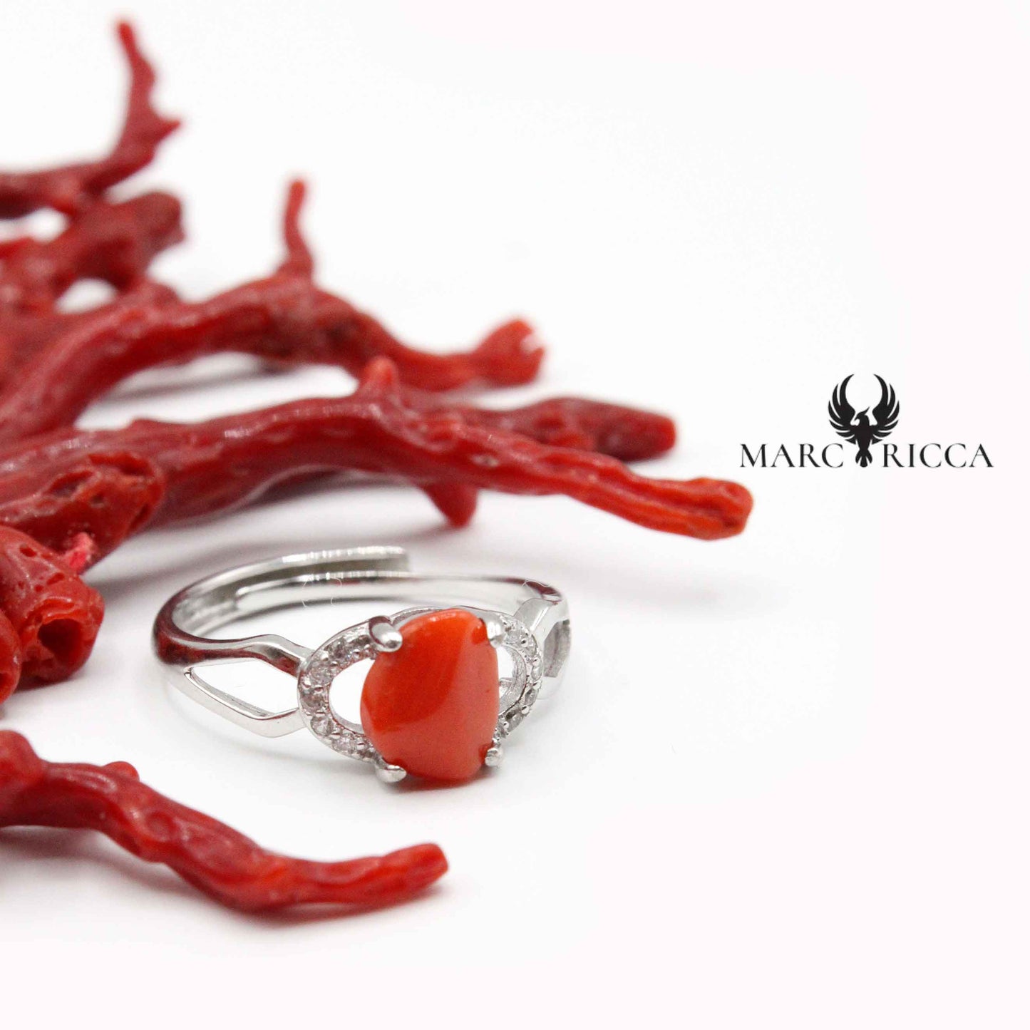 Bague Argent Corail Cabochon & Zirconium