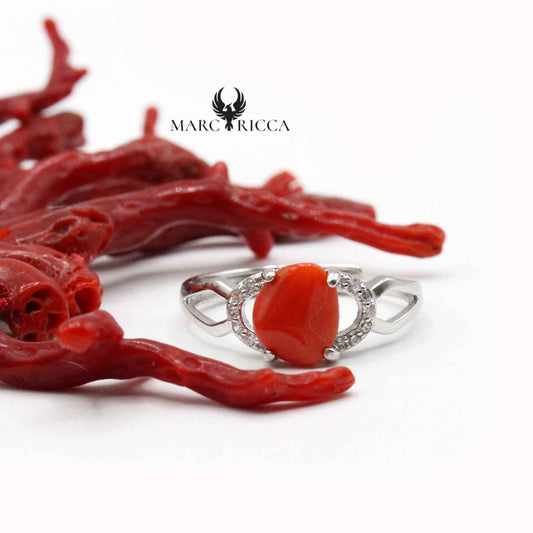 Bague Argent Corail Cabochon & Zirconium