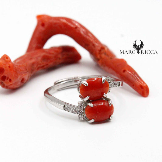 Bague Argent Corail Double Cabochon & Zirconium