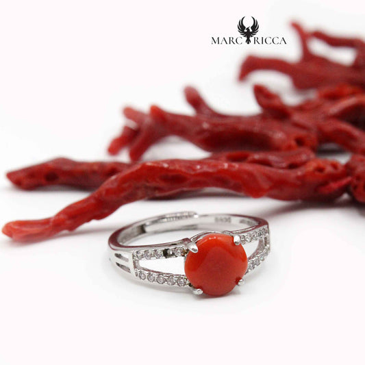Bague Argent Corail Cabochon & Zirconium