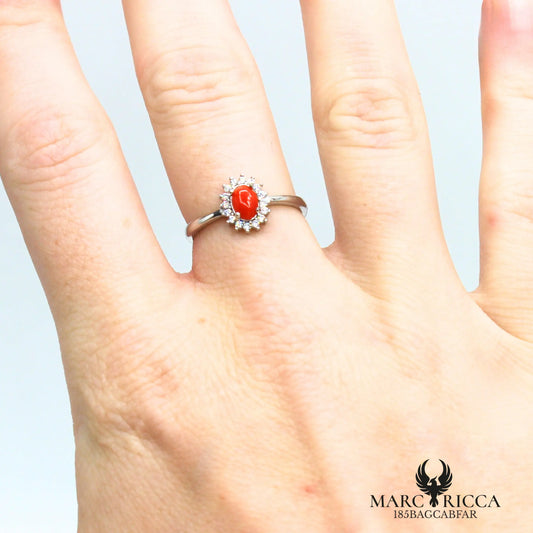 Bague cabochon corail contour zirconium en argent