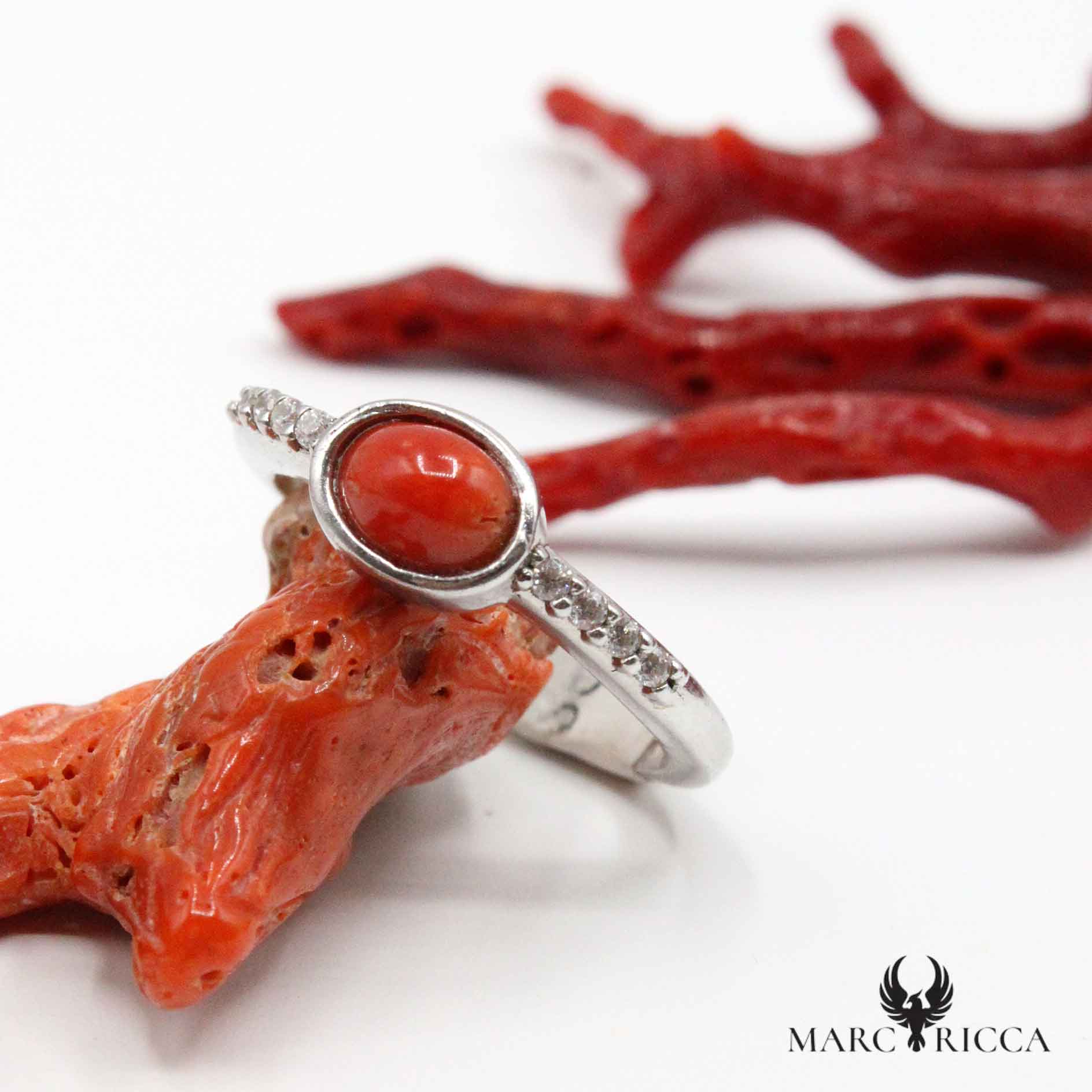 Bague Argent Corail Cabochon Ovale Zirconium – Marc Ricca