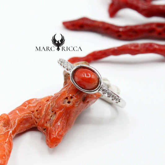 Bague Argent Corail Cabochon Ovale & Zirconium