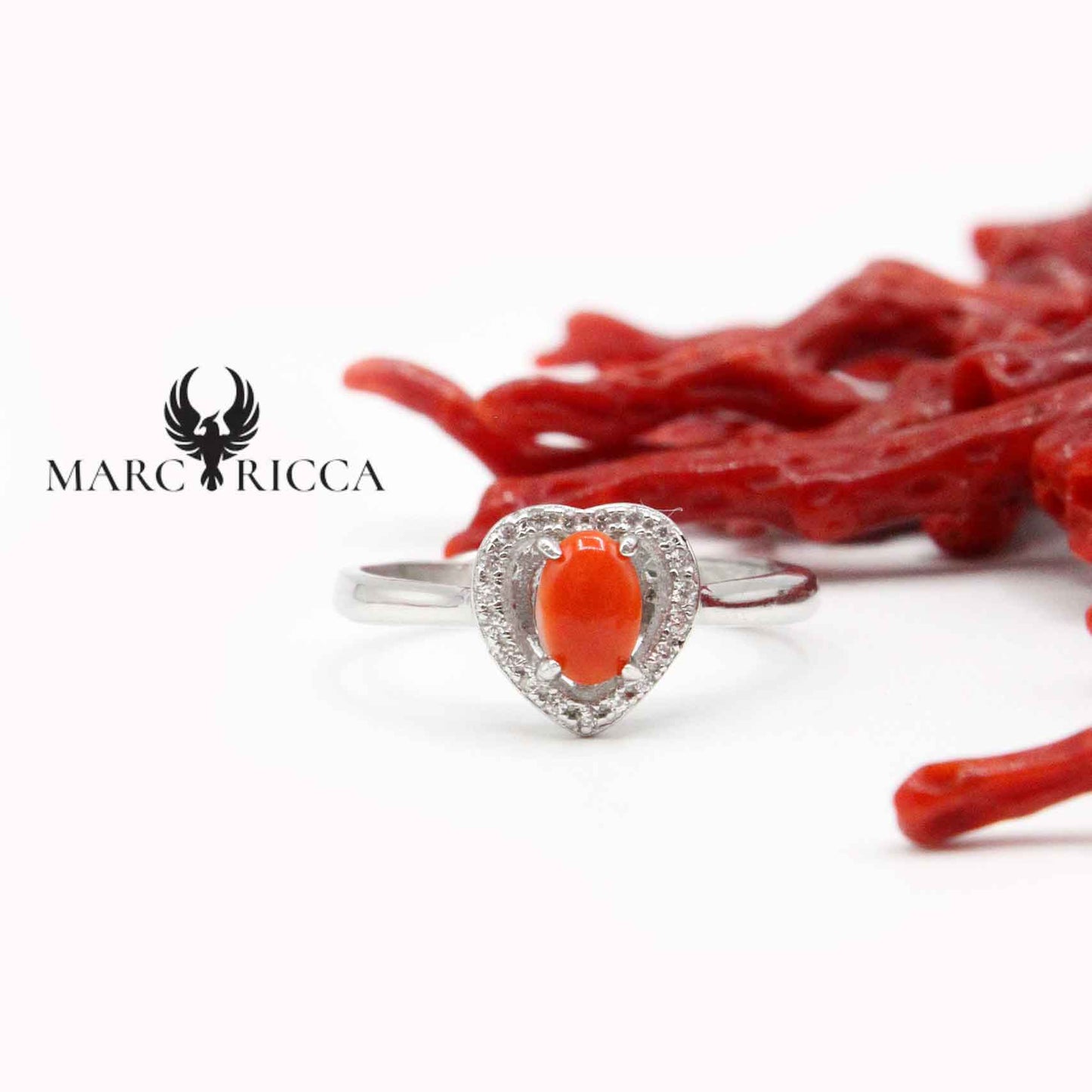 Bague Argent Corail Cœur Cabochon & Zirconium 2