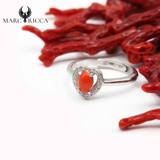 Bague Argent Corail Cœur Cabochon & Zirconium 2