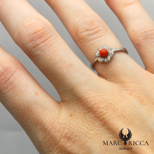 Bague fleur corail et zirconium en argent