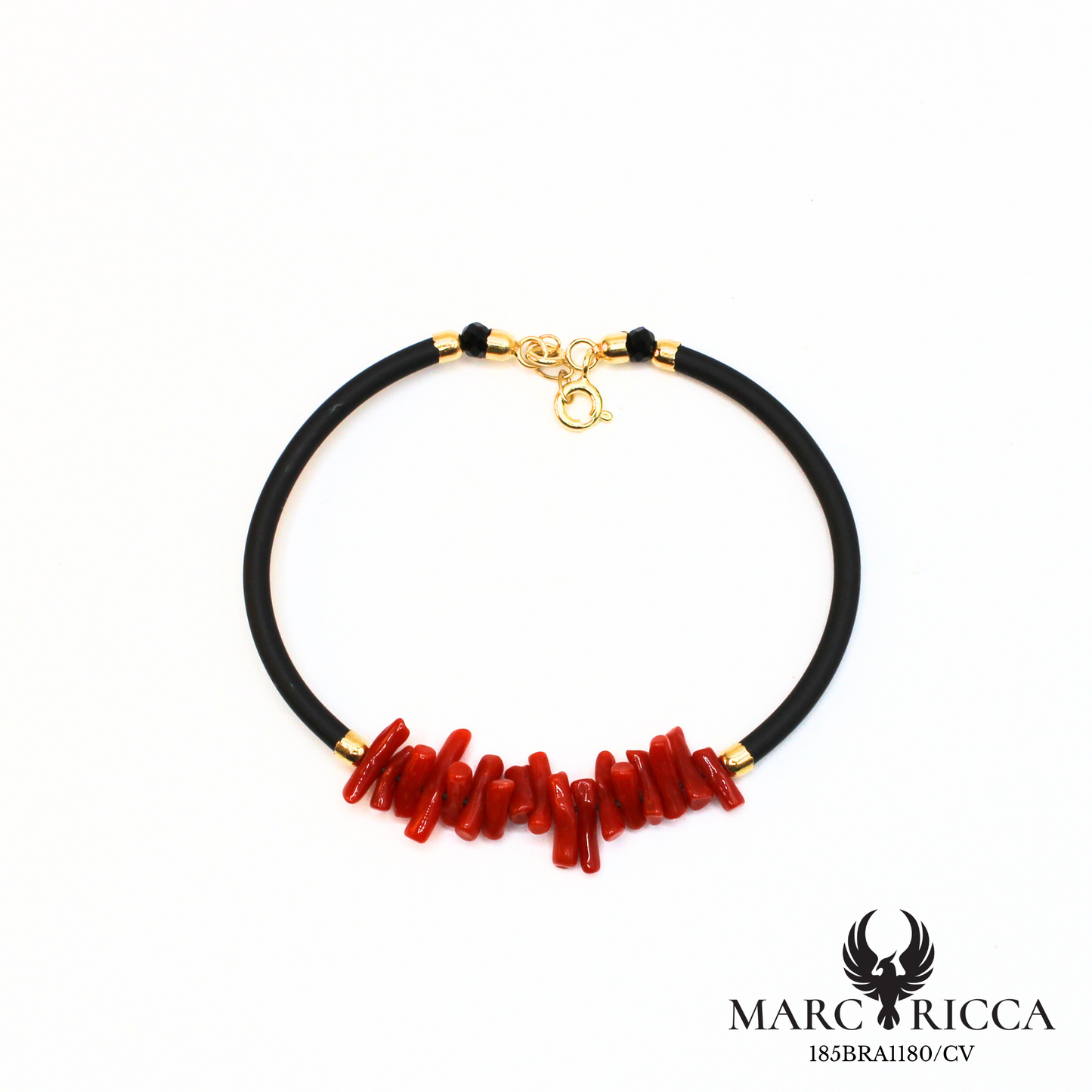 Bracelet jonc en corail cupolino et caoutchouc en vermeil