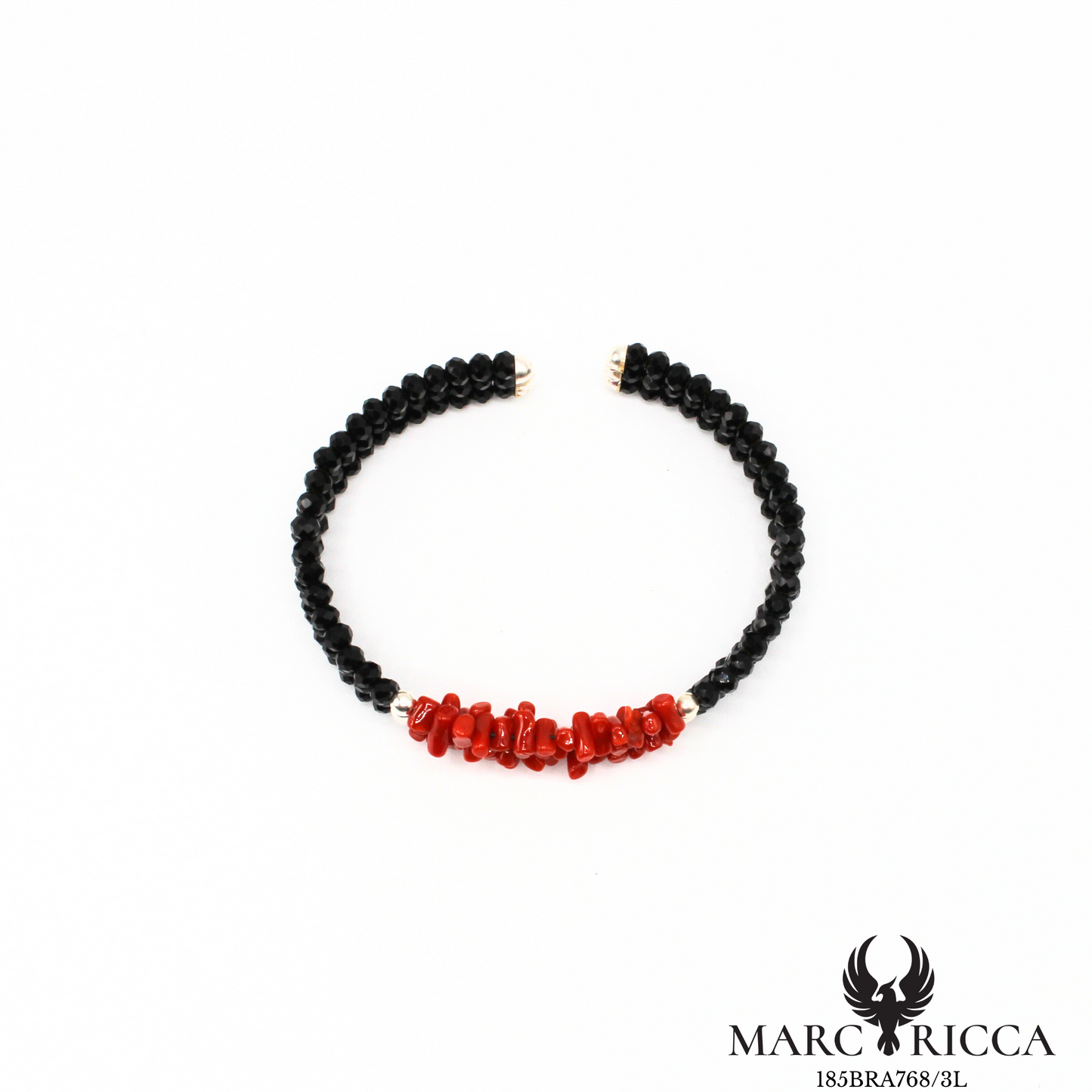 Bracelet jonc corail et cristal noir 3 rangs