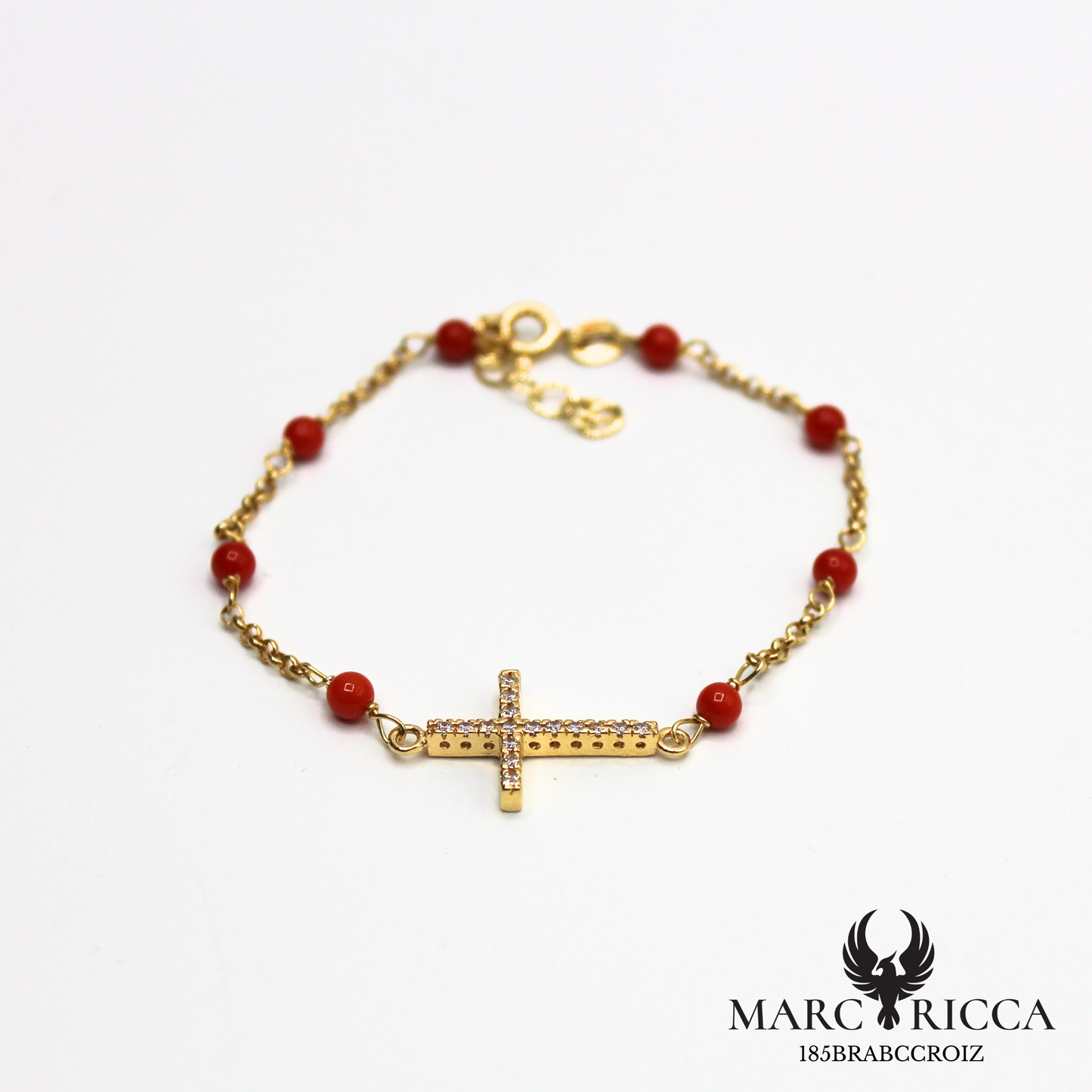Bracelet chaine en vermeil avec perles de corail et croix en zirconium