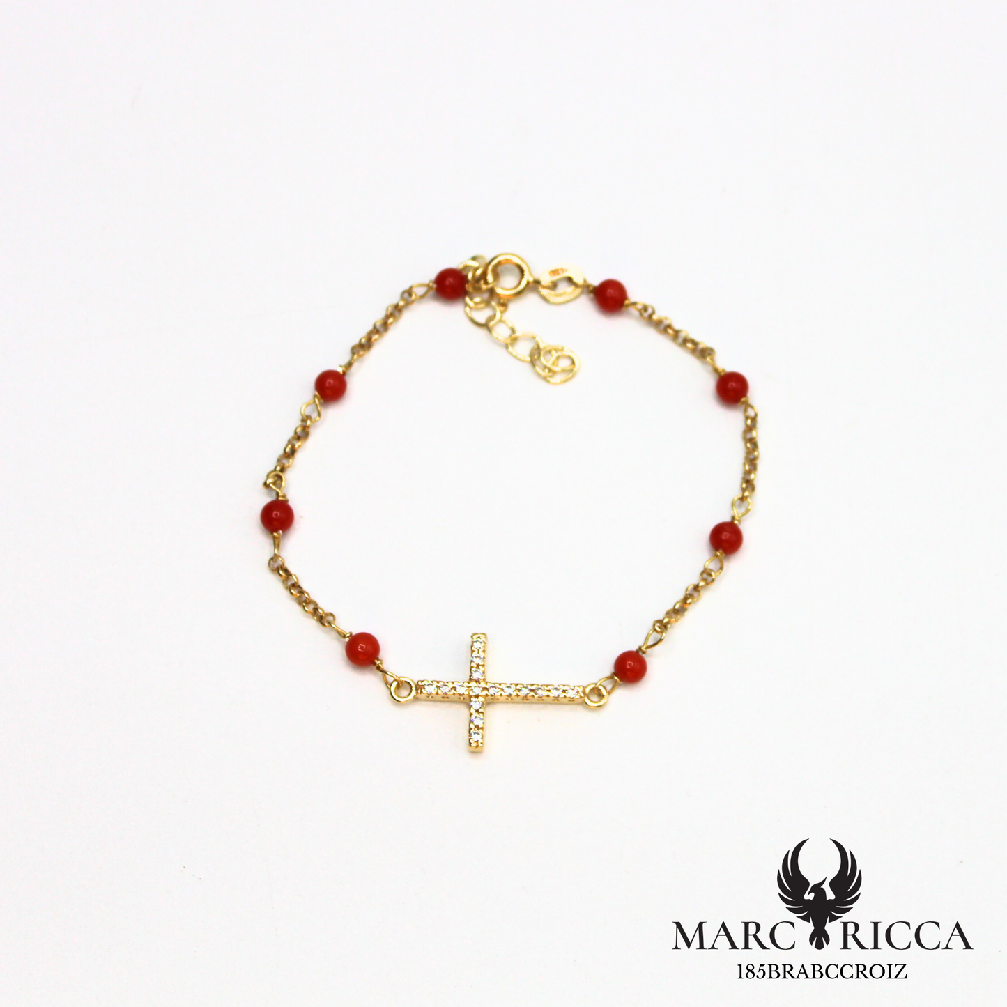 Bracelet chaine en vermeil avec perles de corail et croix en zirconium
