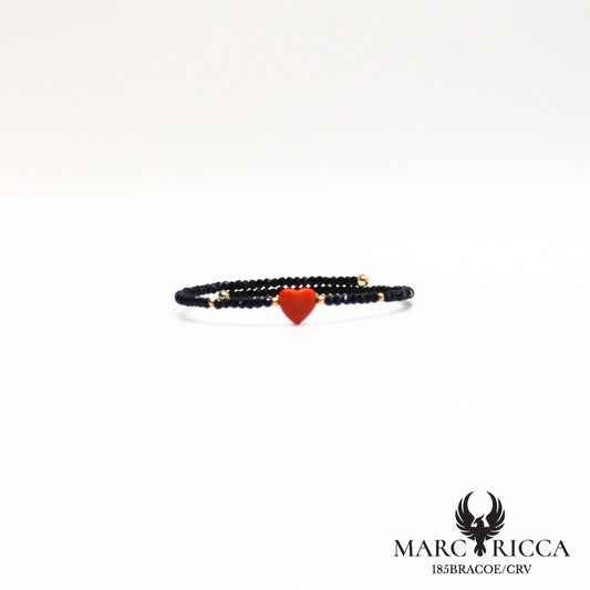 Bracelet jonc cristal noir et cœur en corail