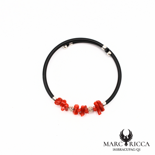 Bracelet jonc caoutchouc avec corail cupolino et perles en argent