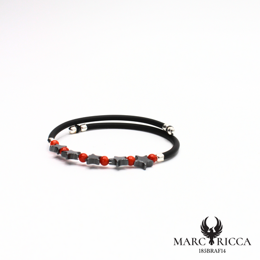 Jonc en Caoutchouc avec Perles de Corail Rouge & 5 Étoiles en Hématite