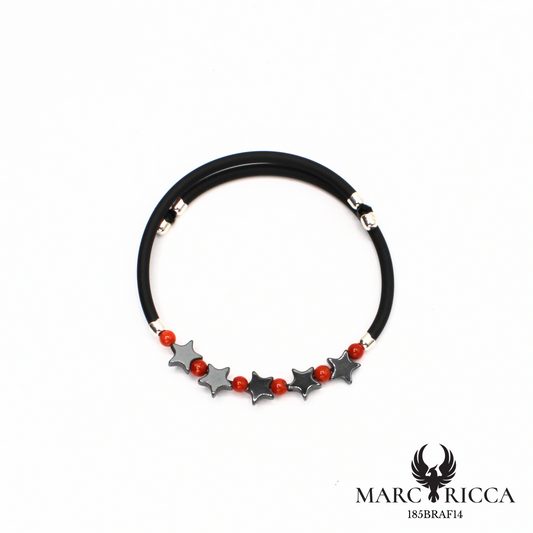 Jonc en Caoutchouc avec Perles de Corail Rouge & 5 Étoiles en Hématite