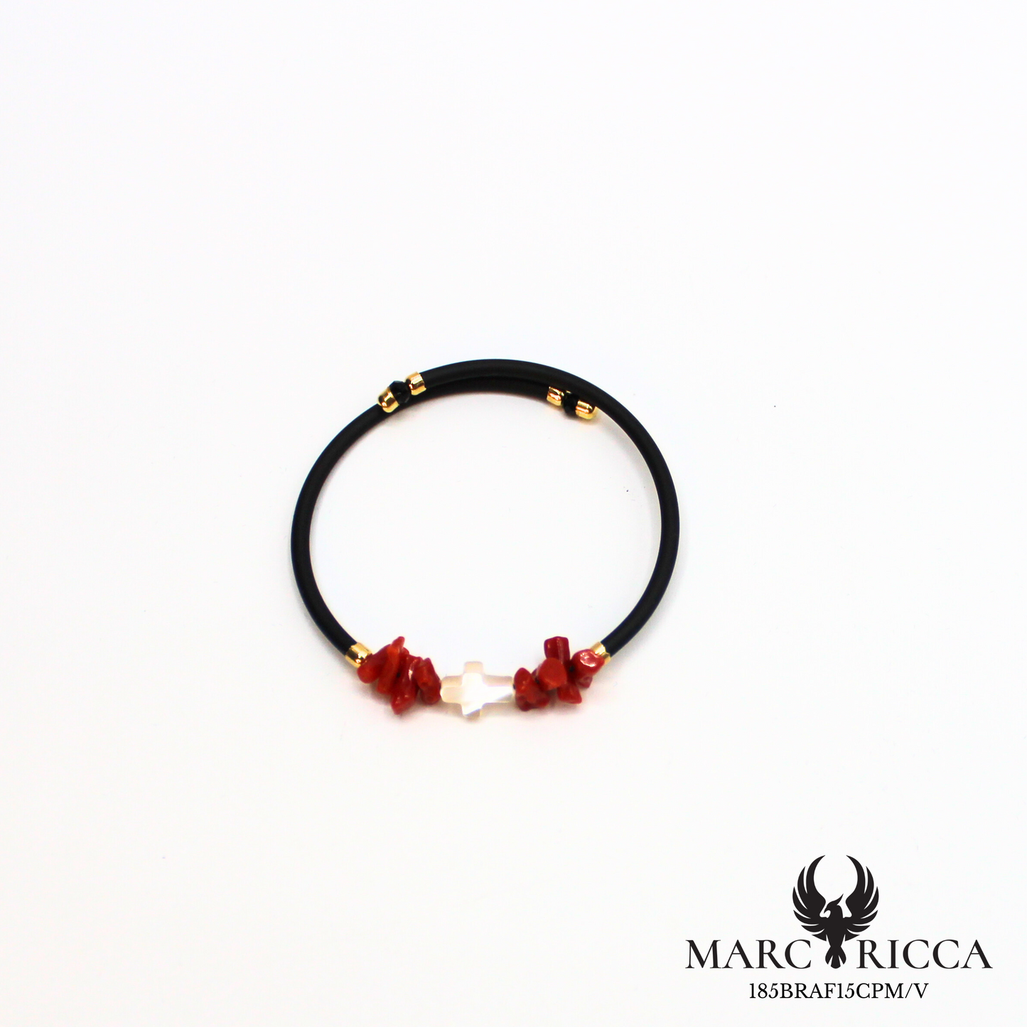 Bracelet jonc en caoutchouc avec corail cupolino et croix en nacre