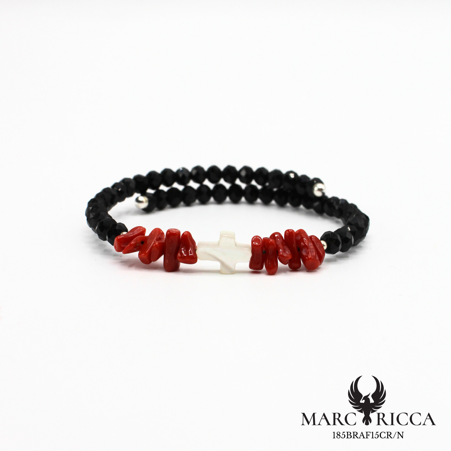 Bracelet jonc en cristal avec croix en nacre et corail