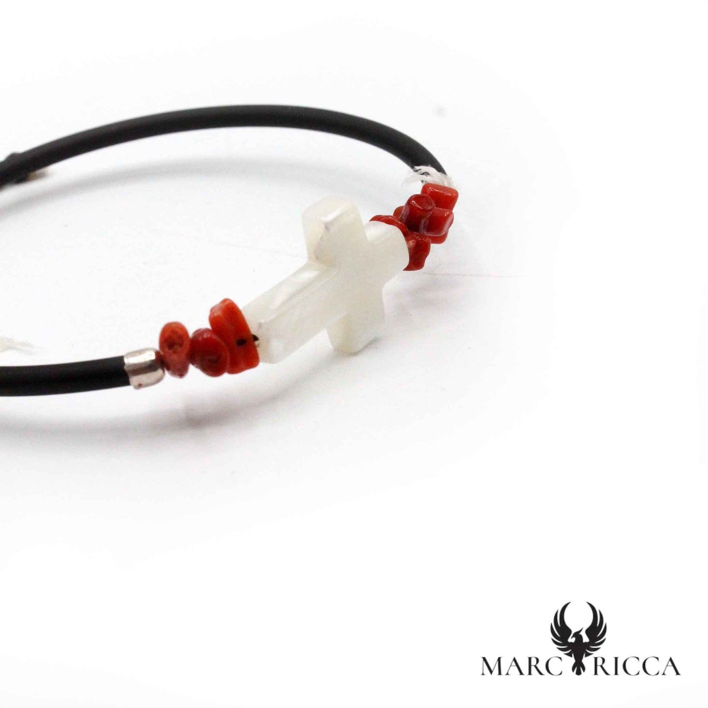 Bracelet Jonc Argent Caoutchouc, Croix & Corail