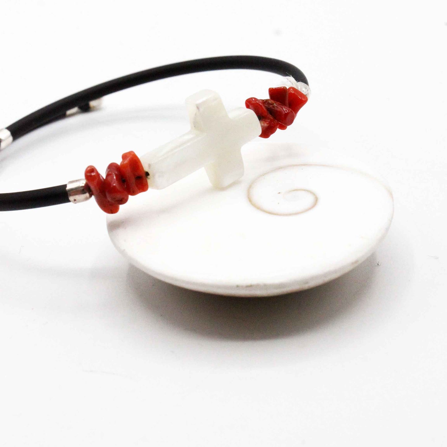 Bracelet Jonc Argent Caoutchouc, Croix & Corail