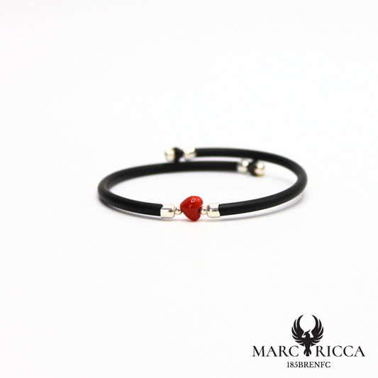 Bracelet jonc caoutchouc avec cœur en corail sur argent