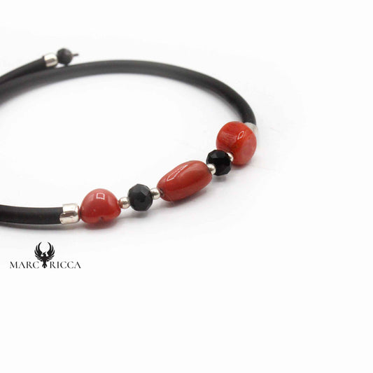 Bracelet Jonc Argent Caoutchouc, 3 Bouts de Corail