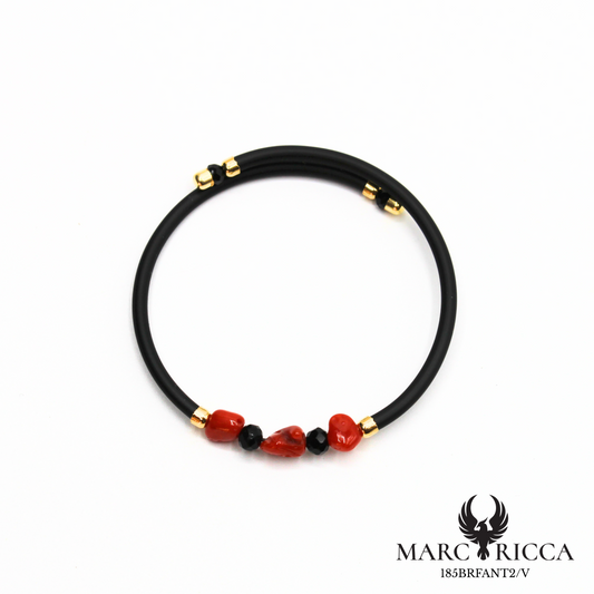 Bracelet en caoutchouc corail, cristal noir et vermeil