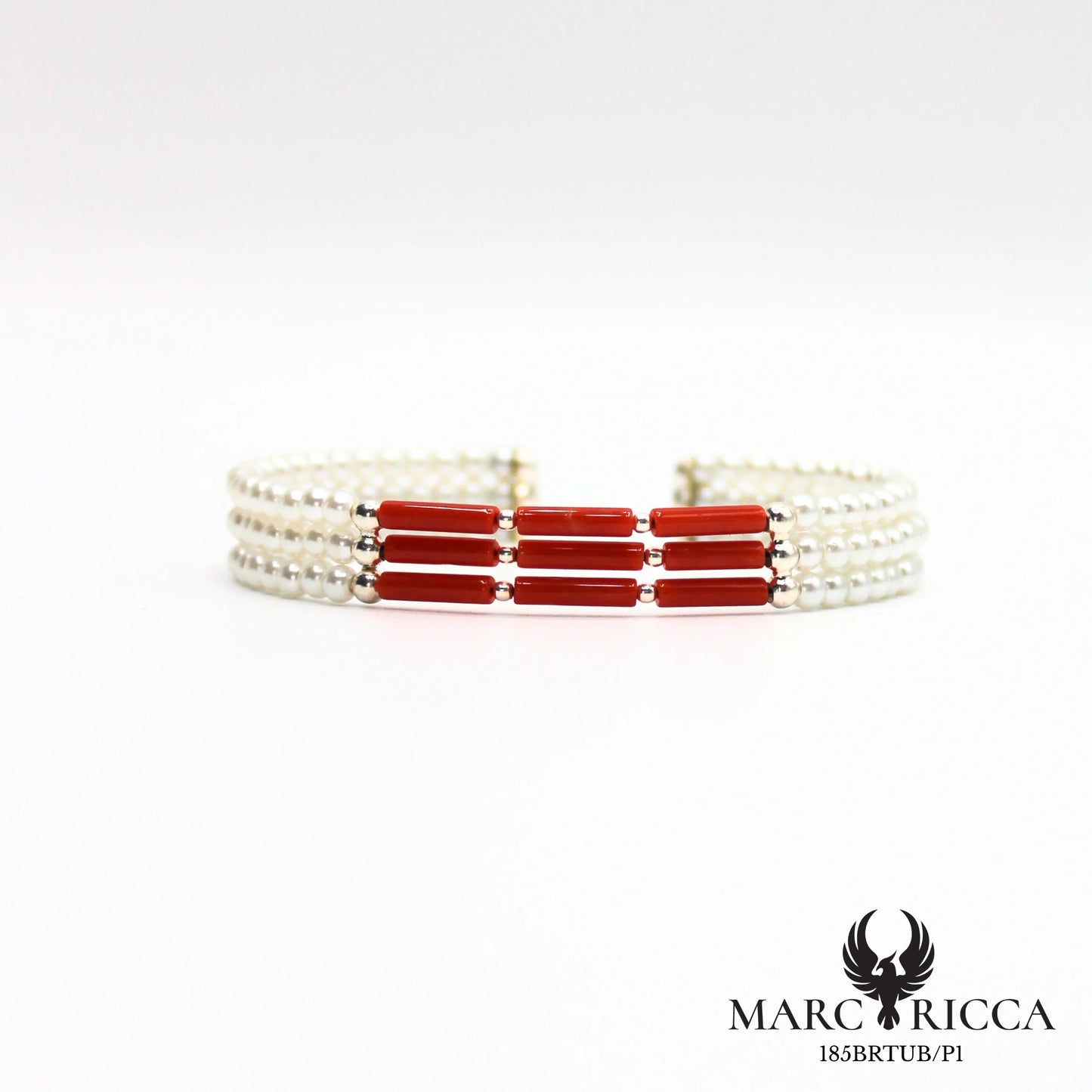 Bracelet jonc 3 rangs perles nacrées et tubes de corail