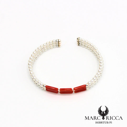 Bracelet jonc 3 rangs perles nacrées et tubes de corail