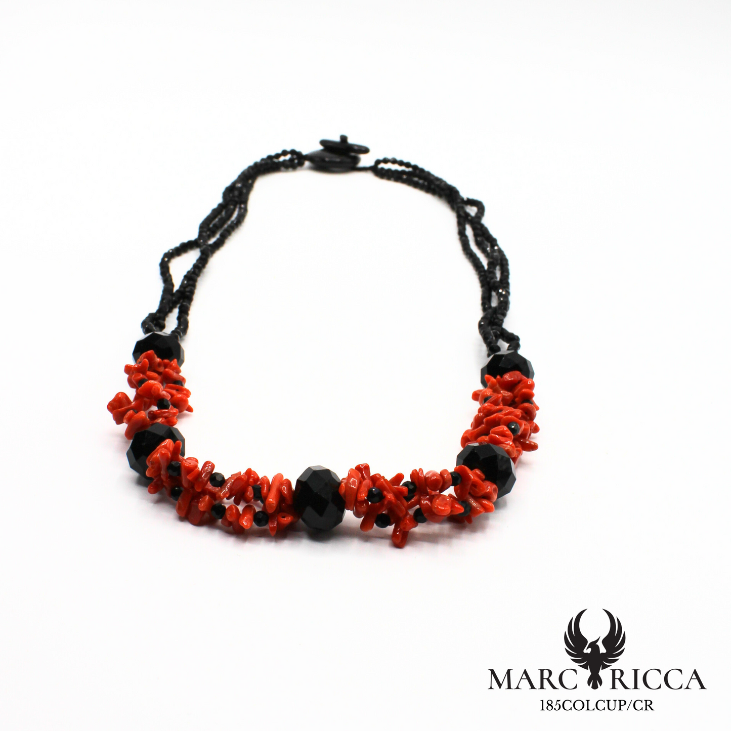 Collier en corail cupolino, cristal noir et onyx
