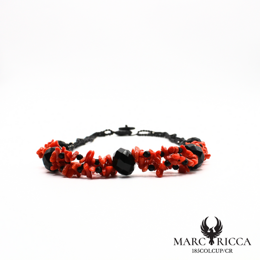 Collier en corail cupolino, cristal noir et onyx