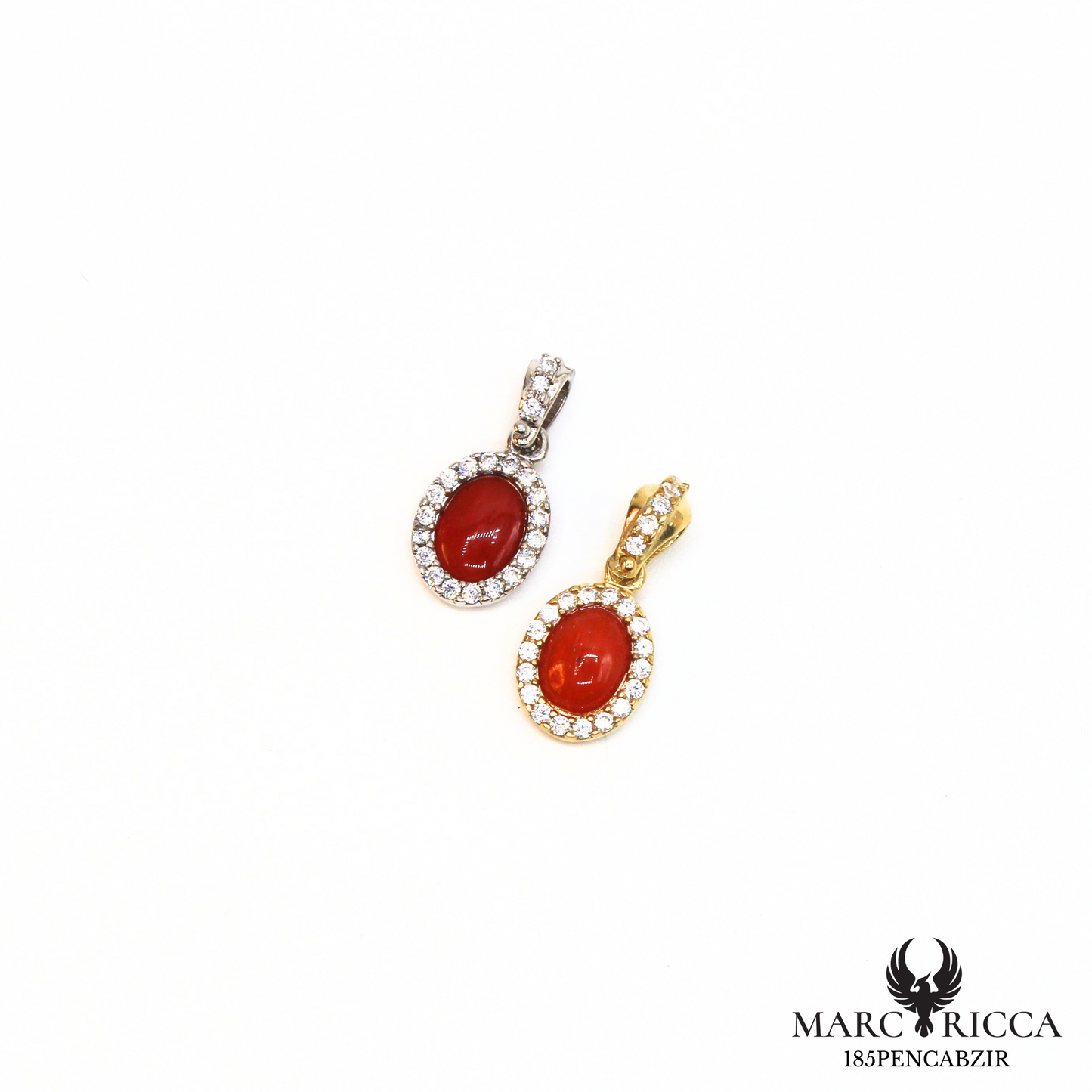 Pendentif cabochon corail et zirconium en argent ou vermeil