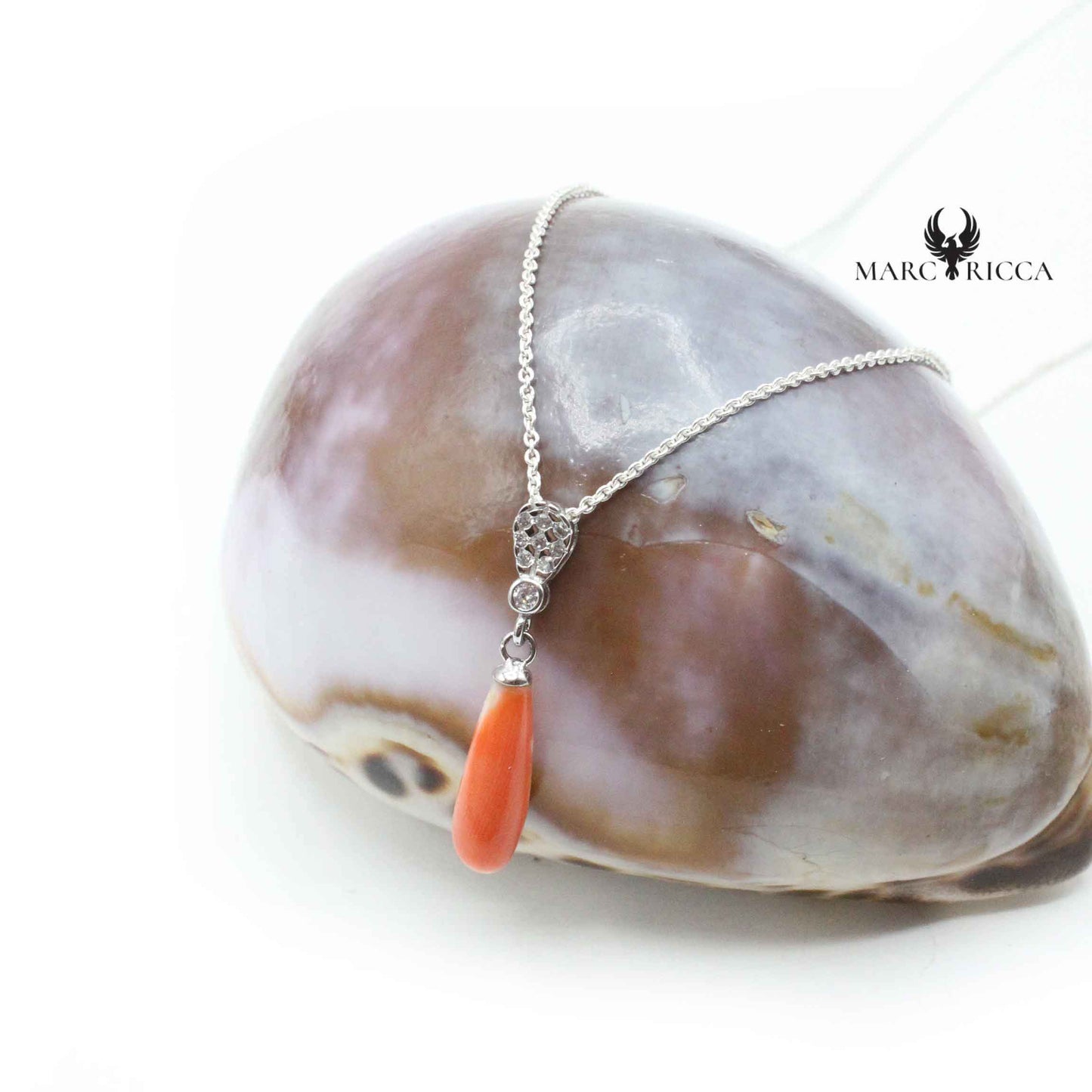 Pendentif Argent Goutte Corail Rose et Zirconium