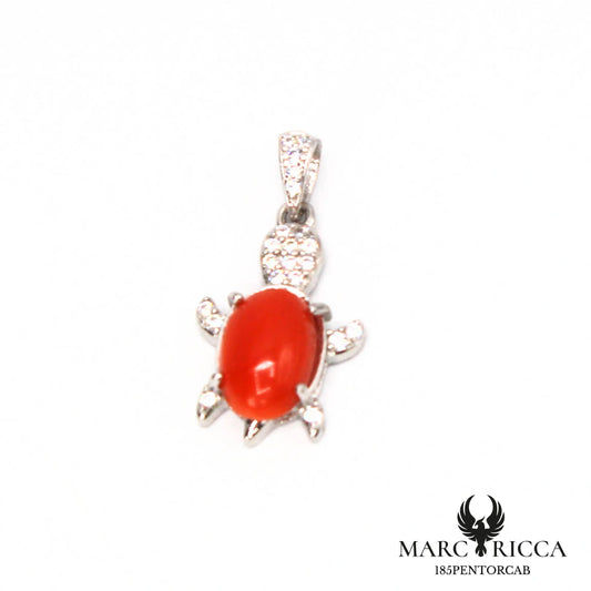 Pendentif tortue en corail et zirconium argent ou vermeil