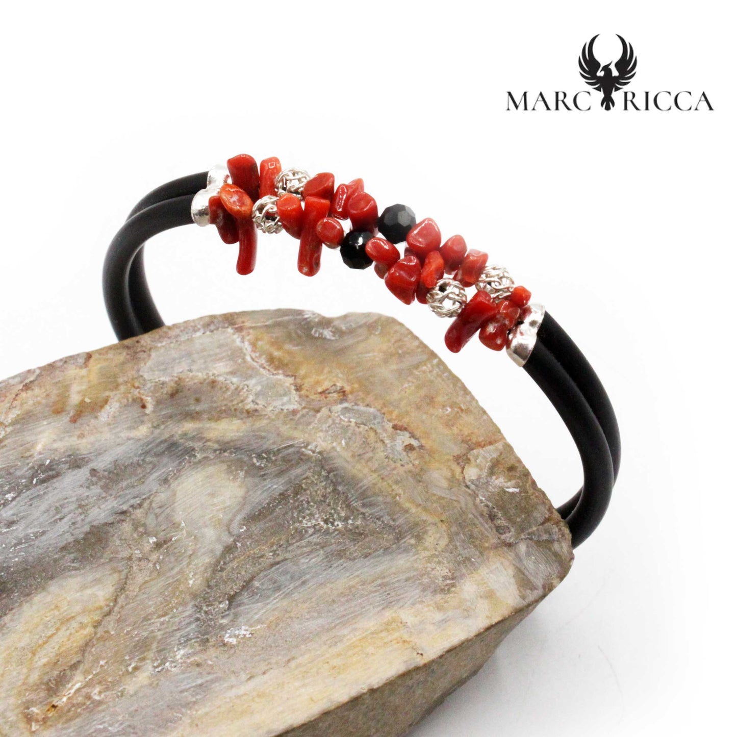Bracelet Jonc Argent Caoutchouc 2 Rangs Corail