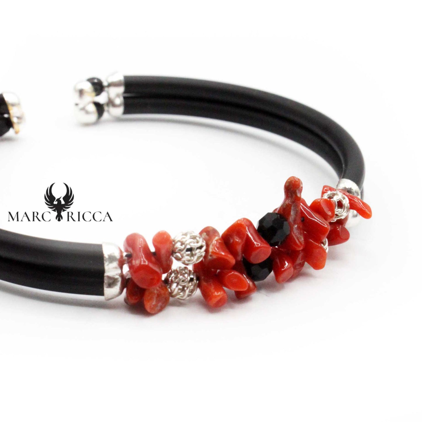 Bracelet Jonc Argent Caoutchouc 2 Rangs Corail