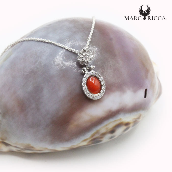Pendentif Argent Ovale Corail & Strass