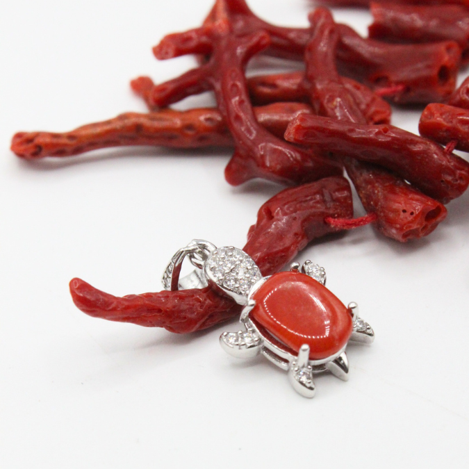 Pendentif Argent Tortue en Corail et Strass