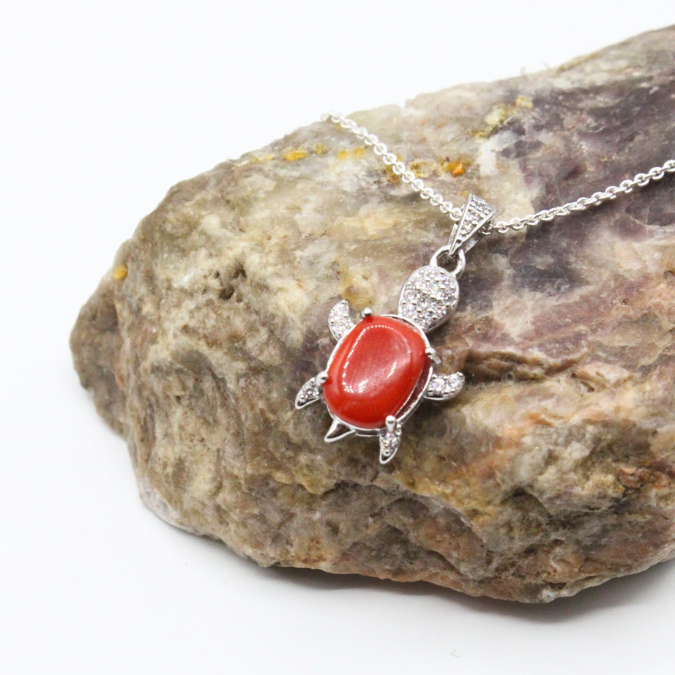 Pendentif Argent Tortue en Corail et Strass