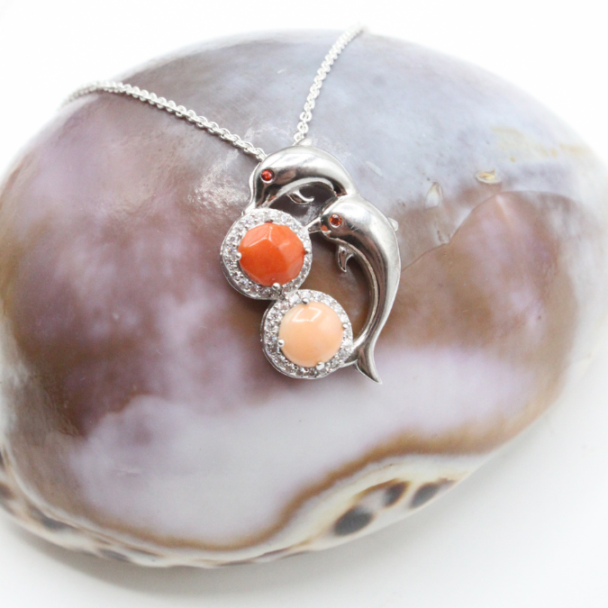 Pendentif Argent Dauphins & Corail