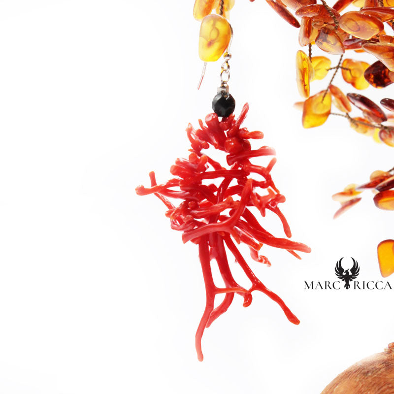 Boucles Argent Corail Frange & Cristal Noir