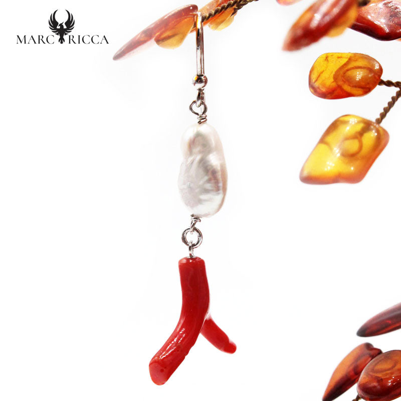 Boucles Argent Branches en Corail Nacre