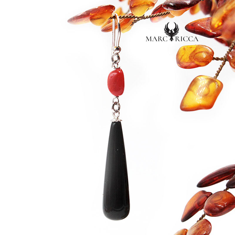 Boucles Argent Corail & Onyx